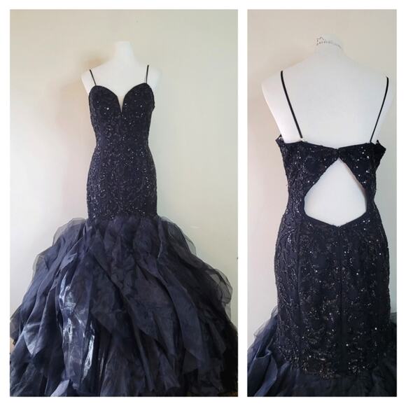 black long sleeve lace mermaid dress Ellie Wilde Beaded Homecoming Dress EW34621